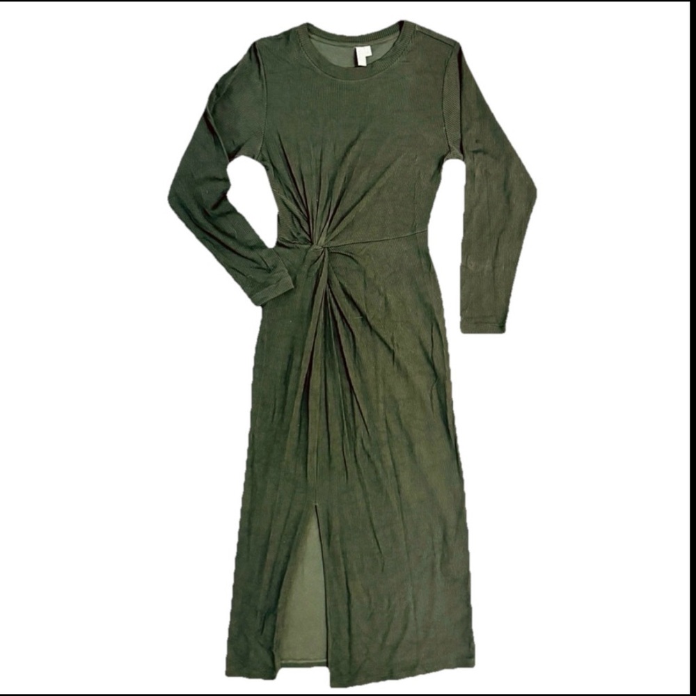 & Other Stories Ribbed Twist Front Midi Dress Olive Green Small Long Sleeve Slit